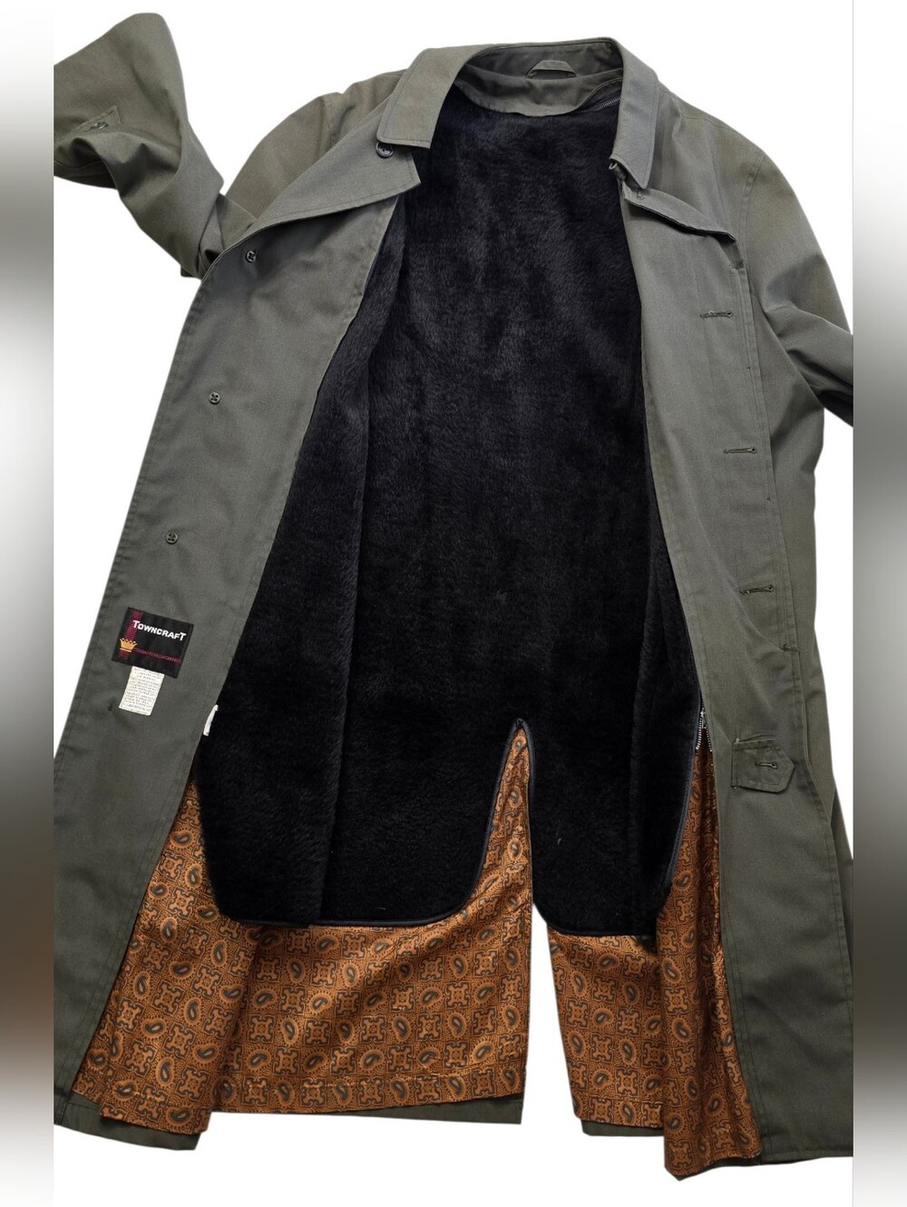 Towncraft Vintage Men's Olive Green/ Gray Trench Coat with Black Faux-Fur Lining